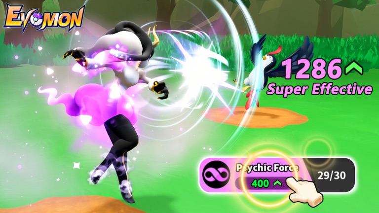 An Evomon battle in progress with two creatures facing each other in the arena