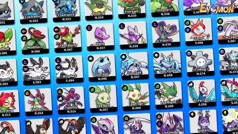 The in-game Evomon Dex showing dozens of creatures with dex numbers, from Clamwhirl and Clamspire to Leafbun and Glaclide